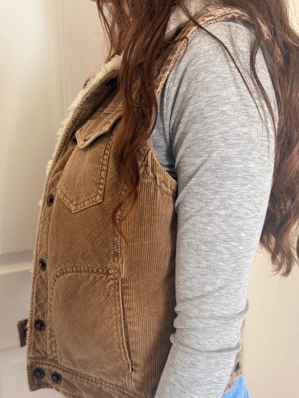 Faux-Shearling Lined Corduroy Vest - Tan - Picture 2 of 2